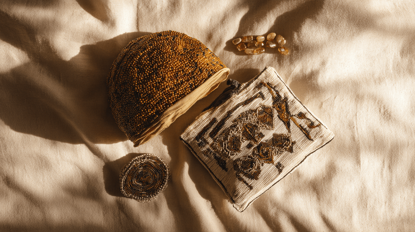 Ethiopian traditional accessories flat lay including beaded shash and embroidered pouch