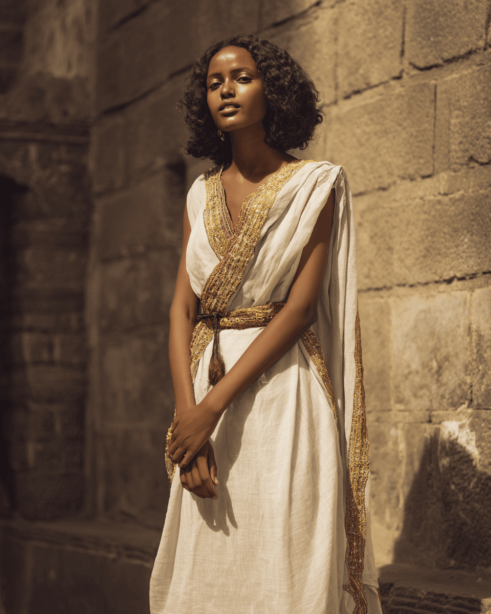 Ethiopian woman wearing white habesha kemis with gold tibeb border