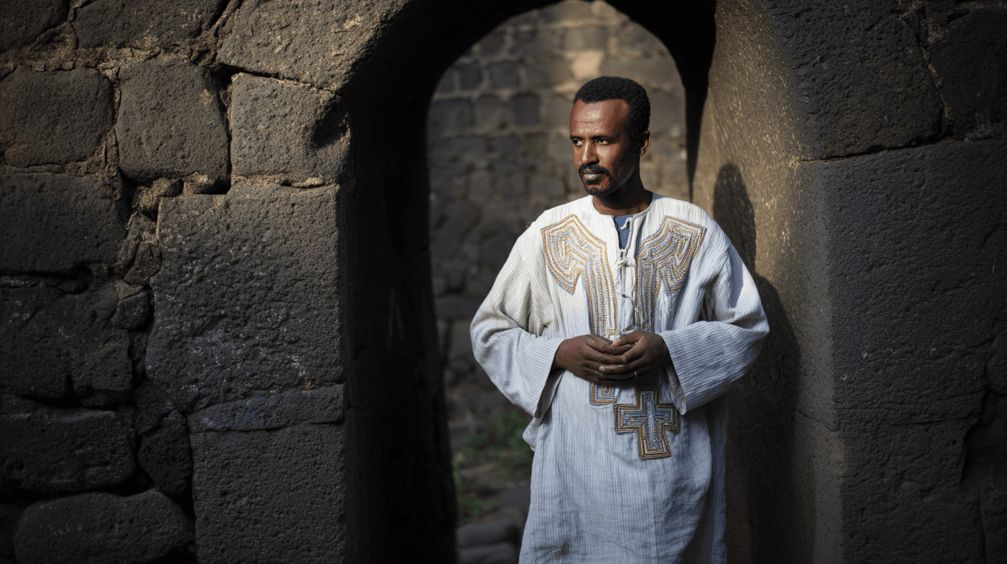 Ethiopian man in white traditional tunic with Coptic cross embroidery