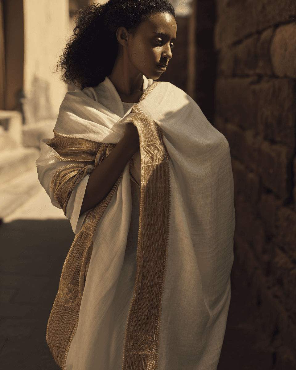 Ethiopian woman with white netela and gold tibeb border draped over shoulders