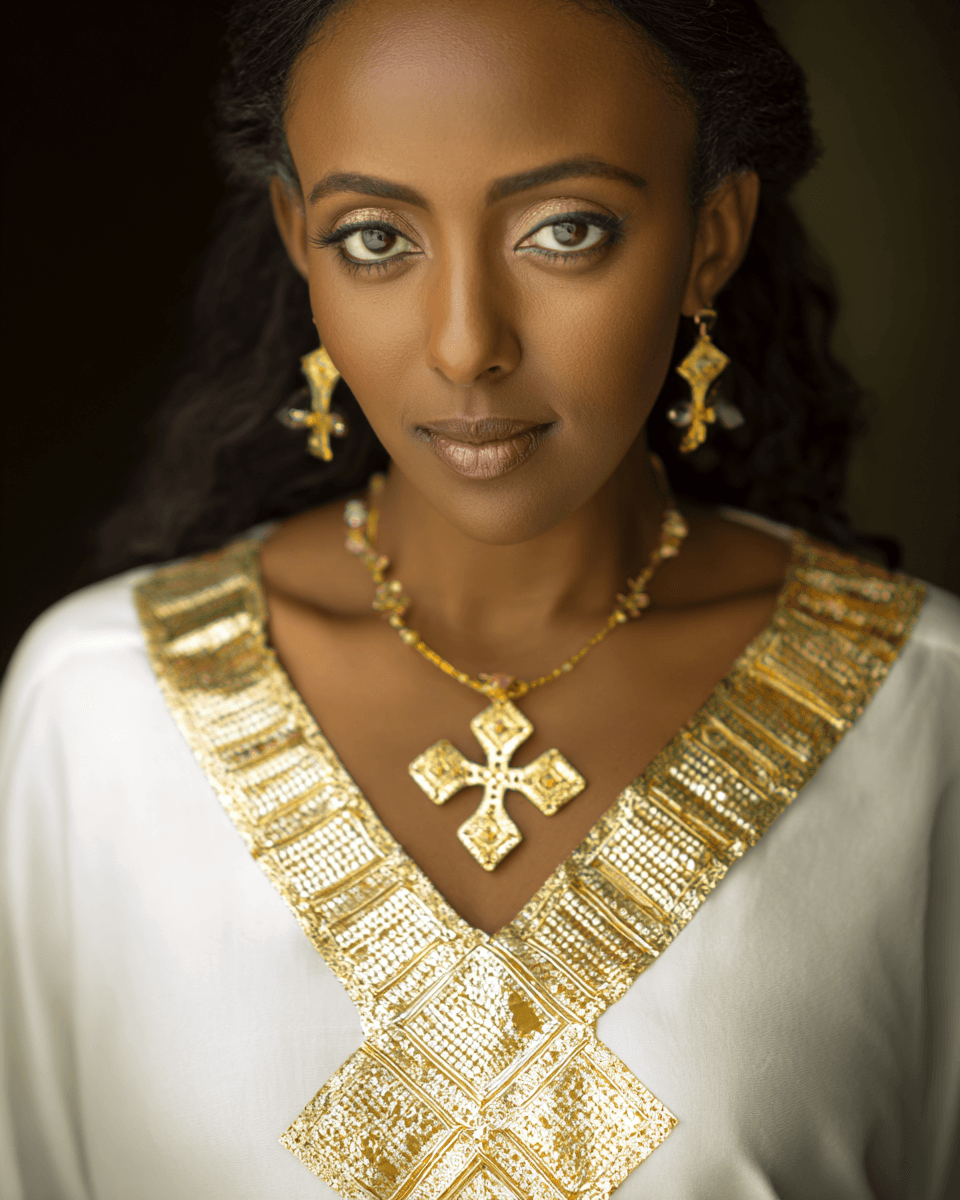 Ethiopian bride close-up wearing white kemis with gold V-shaped tibeb yoke and cross earrings