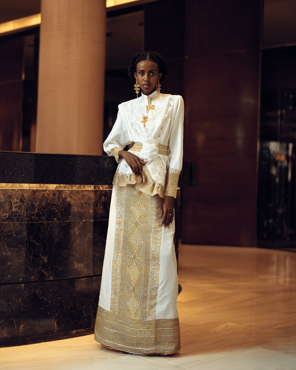 Ethiopian bride in two-piece bridal set with embroidered peplum jacket and tilet skirt